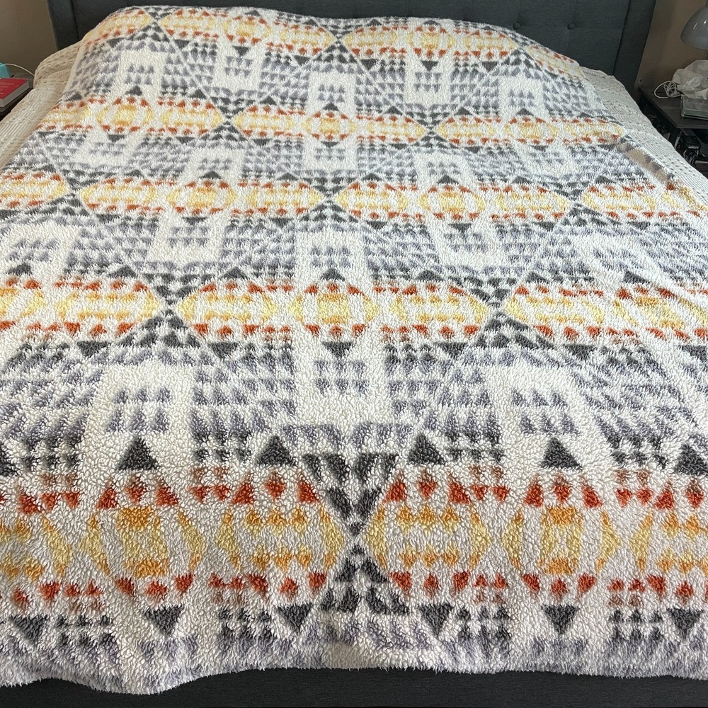Pendleton Aztec Sherpa Blanket Yellow Orange Gray Beige 90x66" Twin Size